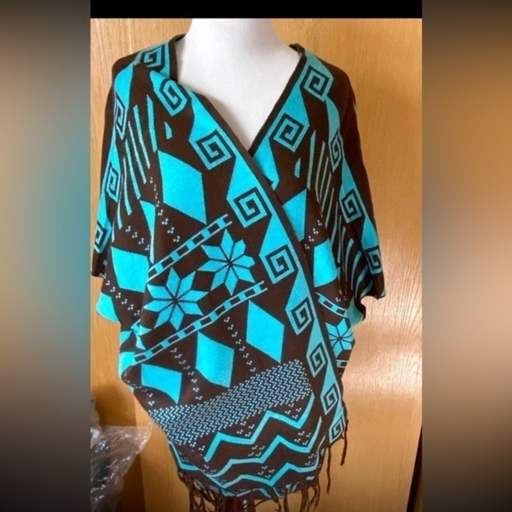EUC-Pink Cattlelac Women's Turquoise Aztec Print Sleeveless Cardigan Wrap